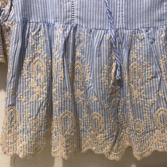Suzanne Betro Blouse M Stripped Cotton 3/4 Sleeve Embroidered Boho Blue White - Picture 3 of 8